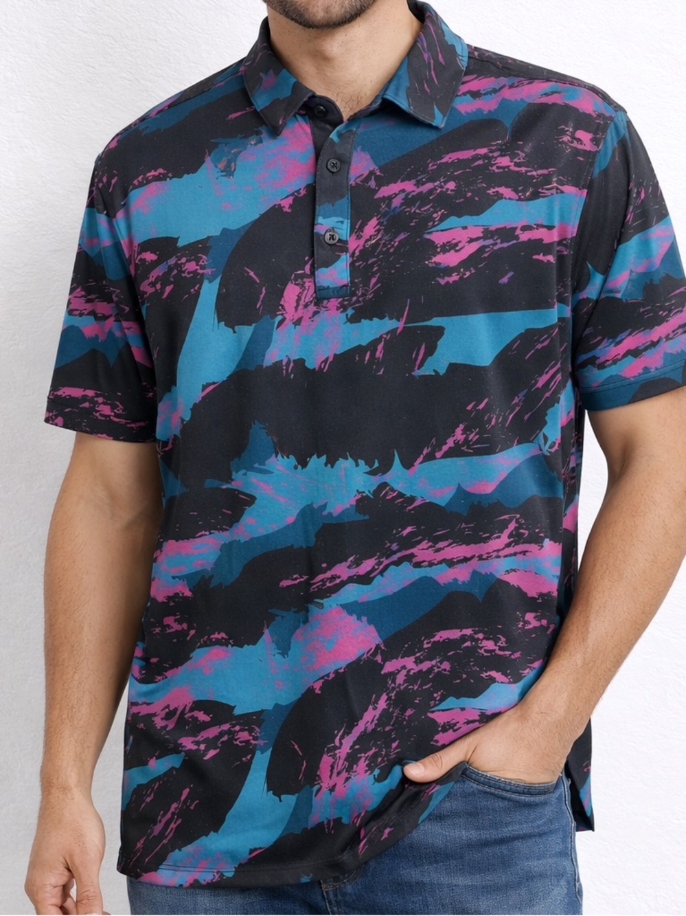 NWOT Greenside Golf Mens Medium Performance Polo Short Sleeves Blue Pink Stretch